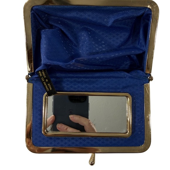 Vintage Coin Purse Eel Skin Clam Shell Make Up Bag Kiss Lock Frame Mirrored Blue - Picture 4 of 15